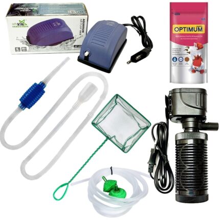 Aquarium Beginner Kit with Air Pump, Aquarium Filter, Syphon for Water Exchange, 2 Air Stone with 3 Meter Pipe, Mini Pellet Fish Food 100g and Aquarim Fish Net All in One Aquarium Kit