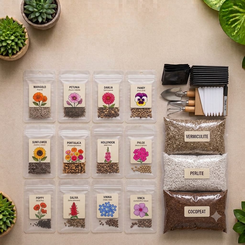 12FlowerDIY.jpg DIY Seasonal Flower Grow Kit - Pack of 12 Varieties Winter Flower Seeds + Soil Packets(CocoPeat+ParaLite+VermiCulite) + Growing Bags-12 Pcs+ Tool Kit-3 Pcs - Image 1