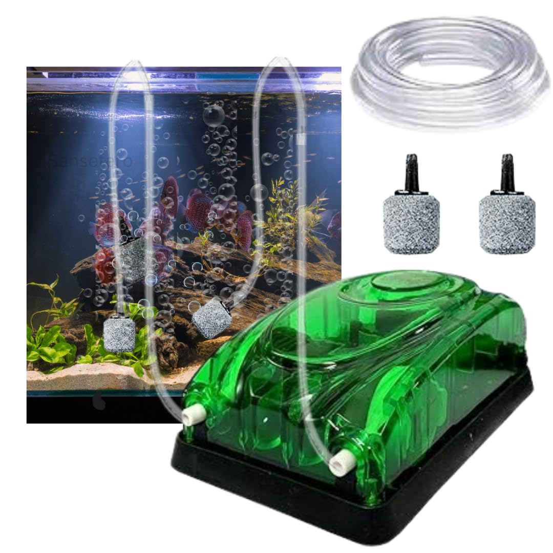 61Gw2-ypBfL._SL1080.jpg Aquarium Silent Air Pump 2-Way | 2 Metre Air Tube & 2 Air Stones Included | Fish Tank Oxygen Pump(Design and Color May Vary) - Image 1