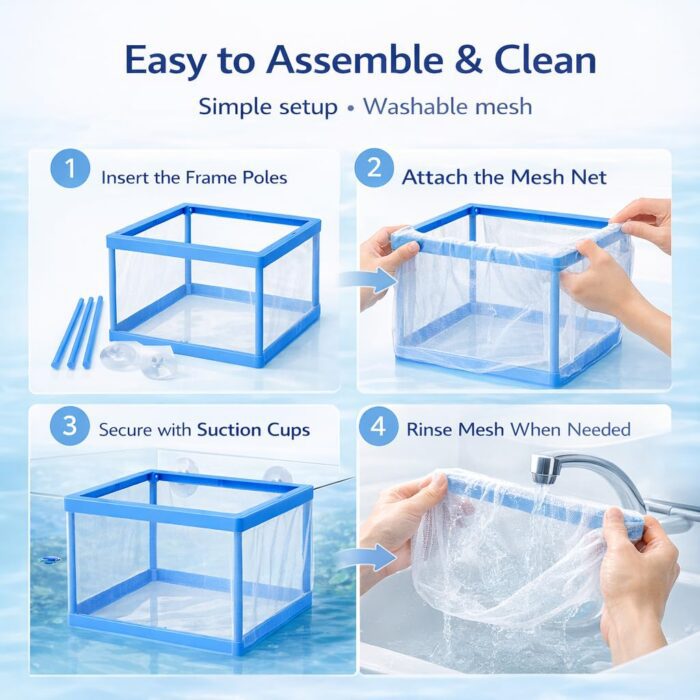 Fish Tank Breeder Net Box with Suction Cups | Blue Mesh Fry Saver | Isolation Box for Baby, Injured & Aggressive Fish(Color May Vary) - Image 5