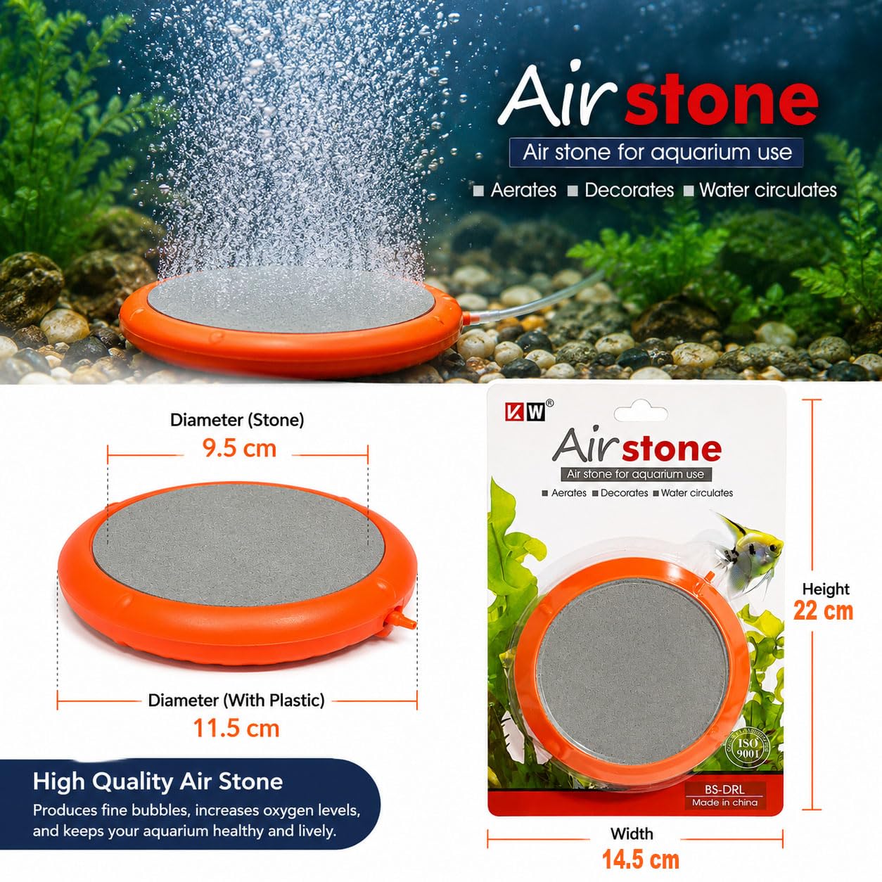 71VRR08x8iL._SL1254.jpg Aquarium Air Stone Disk Kit | Oxygen Bubble Diffuser with T Connector & Airline Pipe | Fish Tank Aeration Set - Image 1