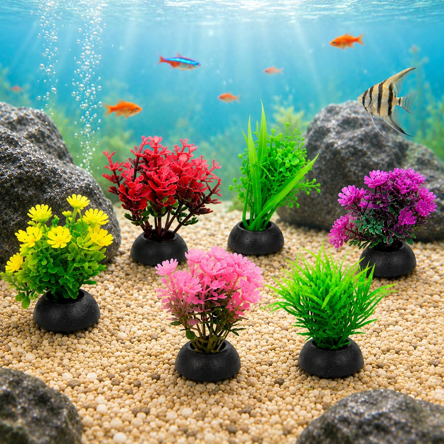 915SRXhlu3L._SL1500.jpg 6Pcs Small Aquarium Artificial Plastic Plants – Fish Tank & Fish Bowl Ornaments for Goldfish, Betta & Turtle-2 inch - Image 1
