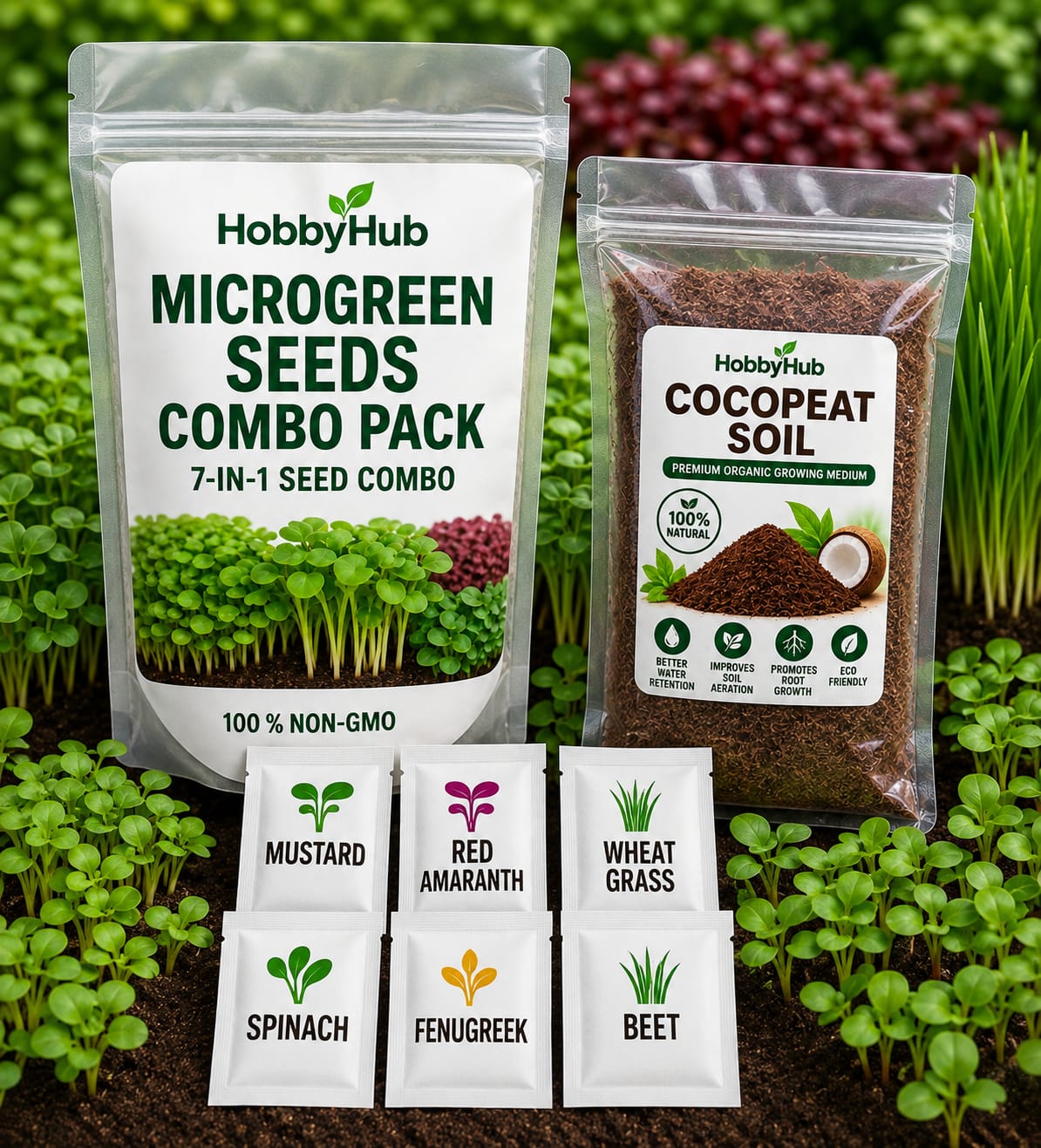 Microw_Green_pic_white_pouch2.jpg Microgreens Starter Kit – 6 Seeds Variety Pack with Organic Cocopeat Soil 🌿s | Non-GMO | With Growing Instructions | Grow Your Own Super Salad - Image 1