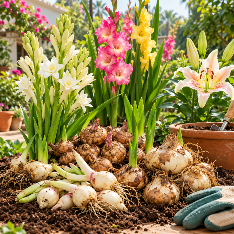Flower bulbs ready for planting with vibrant garden blooms.