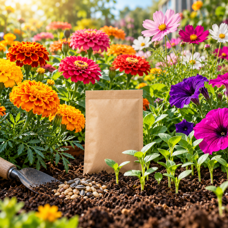 Flower seeds and fresh blooms for colorful home garden planting.