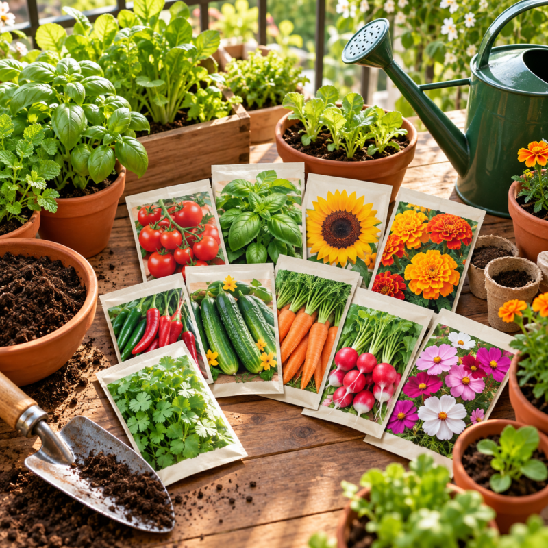 Garden seeds for planting a colorful home garden, with fresh seedlings and seed packets.