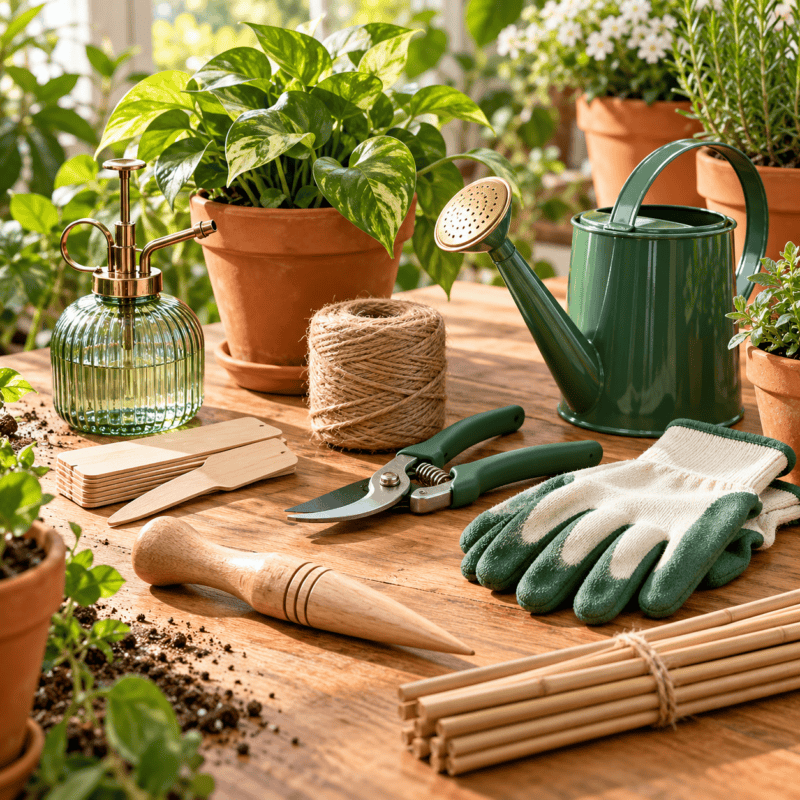 Gardening accessories including a mister, plant labels, twine, gloves and pruning tools.