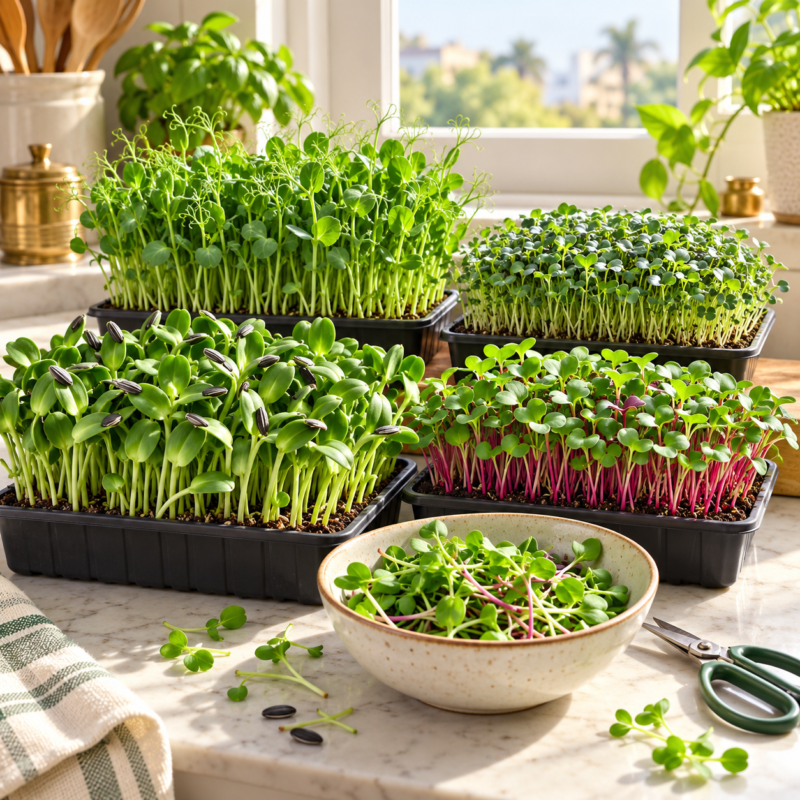Microgreen seeds and fresh edible sprouts for growing at home.