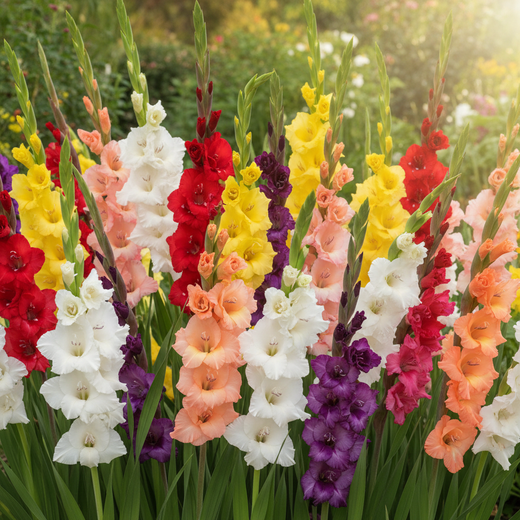 gladiolus-mixed-color-flower-spikes.png Gladiolus Flower Bulbs | Mix Colour Freshly Packed Bulbs (Pack of 10) - Image 1