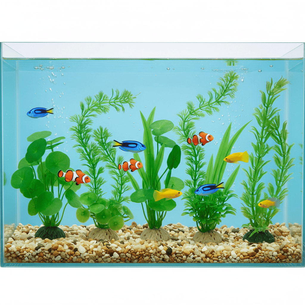 image_43d80809-97ea-4e85-af53-e1222e57781d.png Aquarium Decoration 6-in-1 Artificial Plastic Plant – 4 Inches Height (Design may Vary) - Image 1