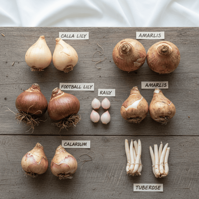 Summer Flower Bulbs Combo | 6 Variety | Calla Lily, Football Lily, Amar Lily, Rain Lily, Caladium & Tuberose (2 Bulbs Each) - Image 2