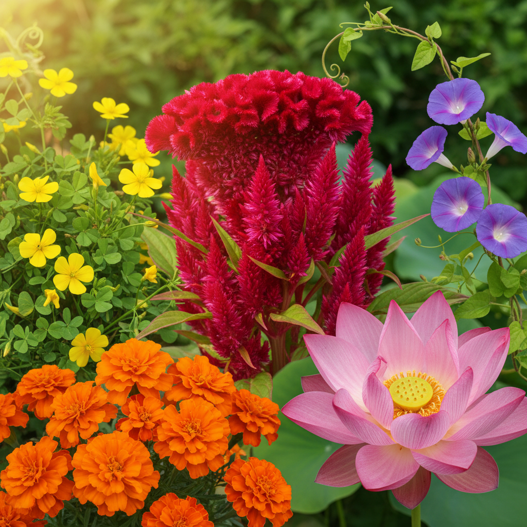 image_e5ec8455-2c08-46e5-8ffb-0c1474c15b7f.png Summer Flower Seeds Combo Pack (Set of 5 Packets) | Celosia, Bur Clover, Lotus, Marigold, Morning Glory - Image 1