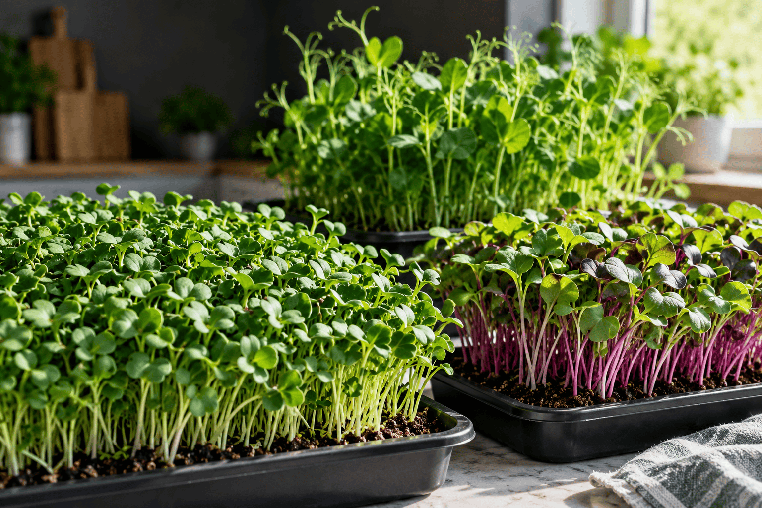 Fresh broccoli, pea and radish microgreens growing in indoor trays
