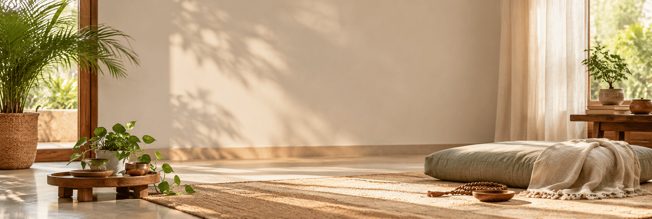 Calm meditation space with japa mala beads and indoor plants