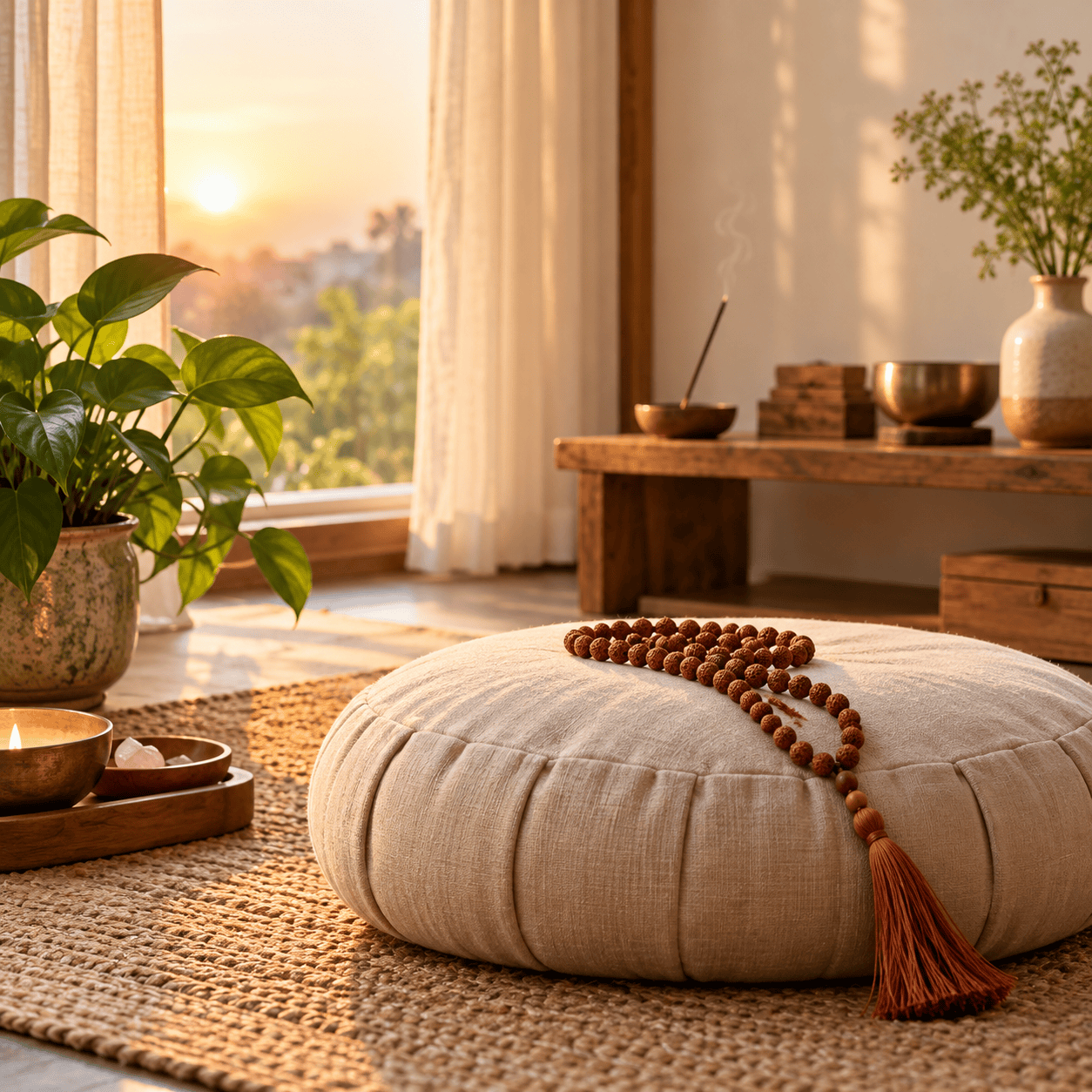 Meditation corner with japa mala beads for Spiritual and Meditation